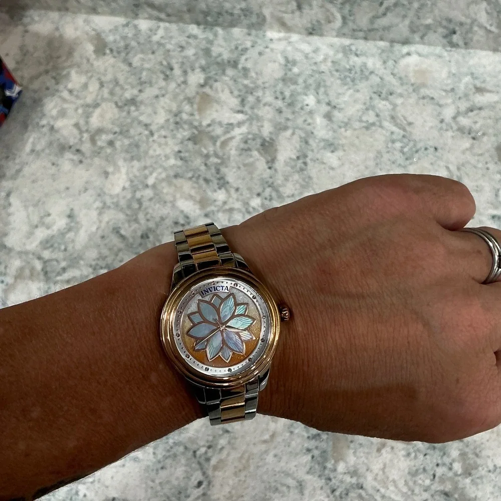 Invicta Watch Angel 37088 OS Silver Rose Gold Two-Tone Floral MOP Dial 100M